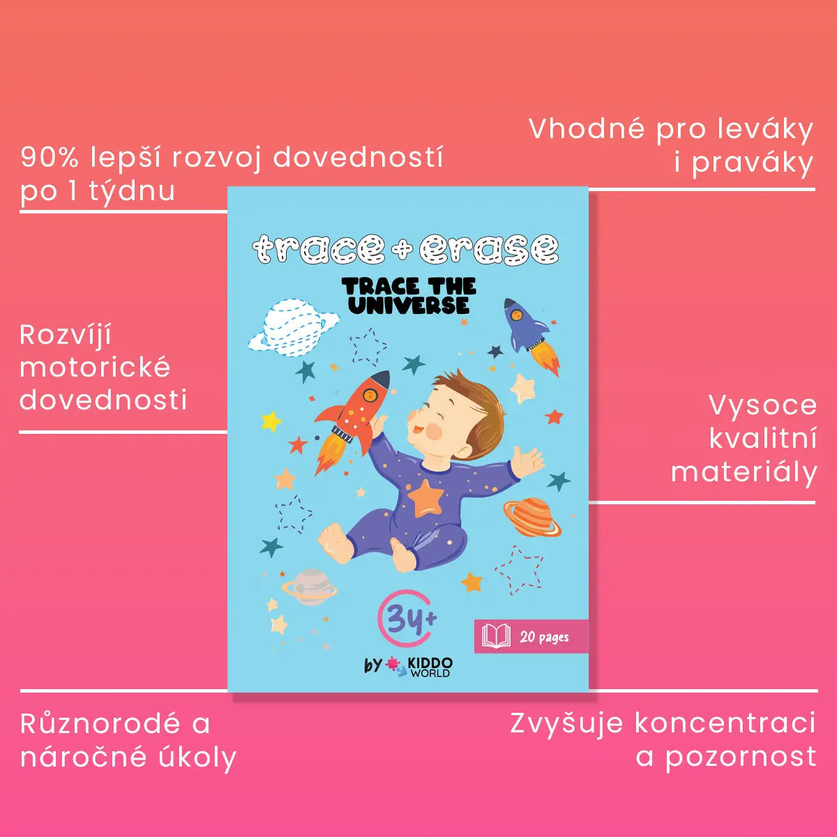 Malé vesmírné dobrodružství: Kniha "Piš-maž" pro sledování čar a objevování vesmíru (3+ roky)