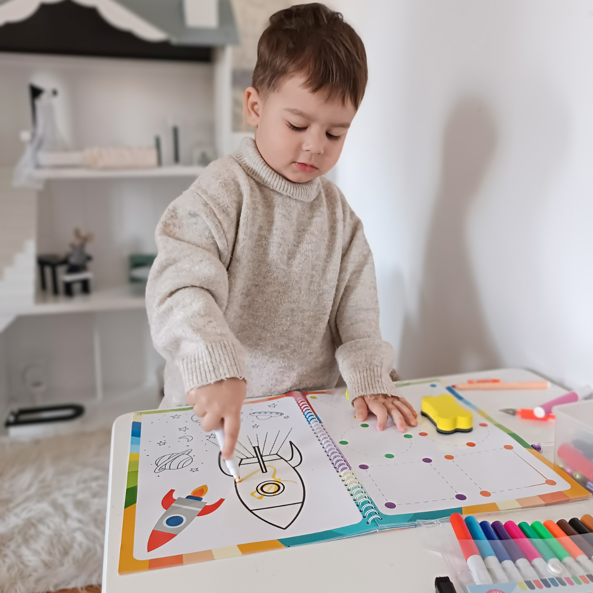 Curious Child Colours – Sešit Piš a smaž pro výuku psaní, opakovaně použitelný (64 stran, 2–5 let)