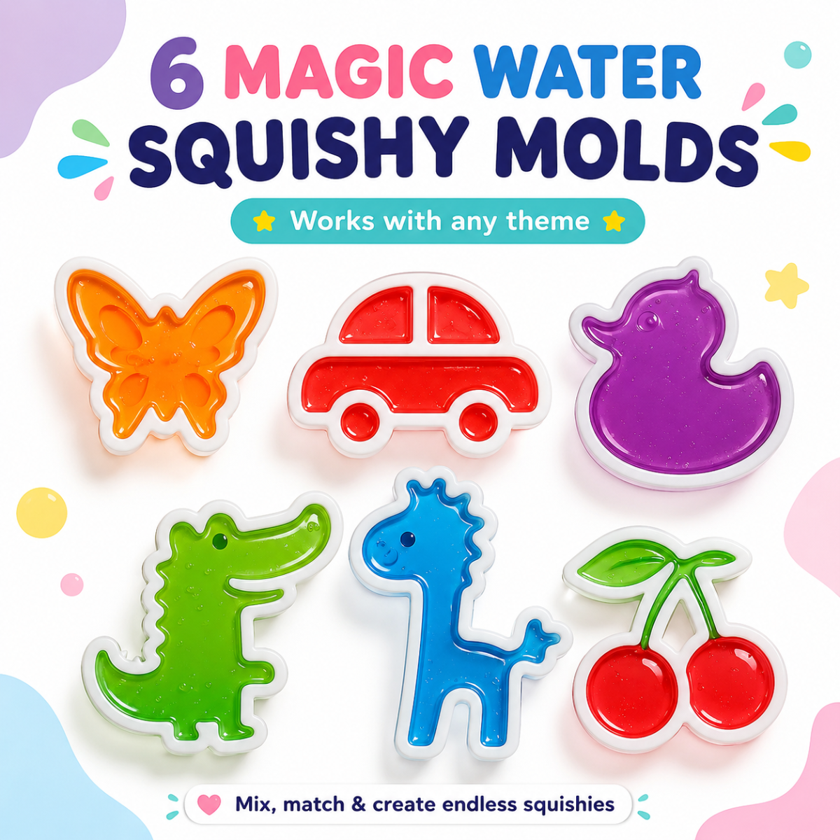 Magic Water Squishy Expansion Pack – 6 dalších formiček (Nová zvířátka a tvary, 3+ roky)
