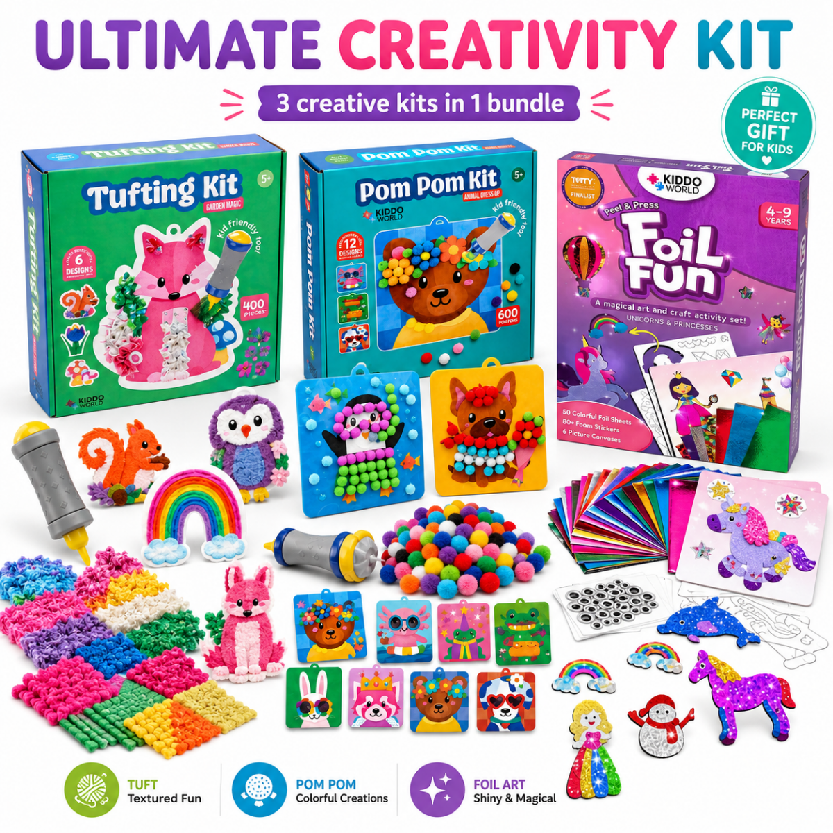 ULTIMÁTNÍ KREATIVNÍ BALÍČEK: Pom Pom Kit, Tufting Kit & Foil Fun Princezny
