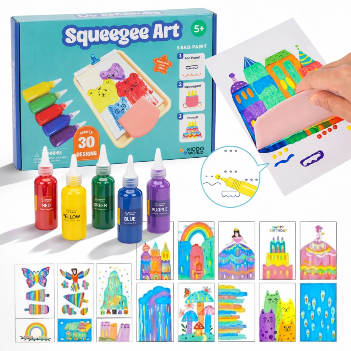 Squeegee Art Kit | Sada s 5 barvami a magickou stěrkou pro vytváření obrázků bez štětců | pro děti 5+