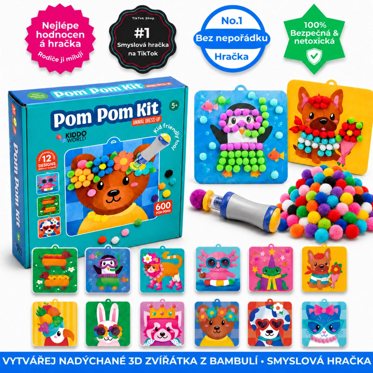 Pom Pom sada – vytvořte kouzelná 3D zvířátka z hebkých bambulek bez nepořádku! (5+ let)
