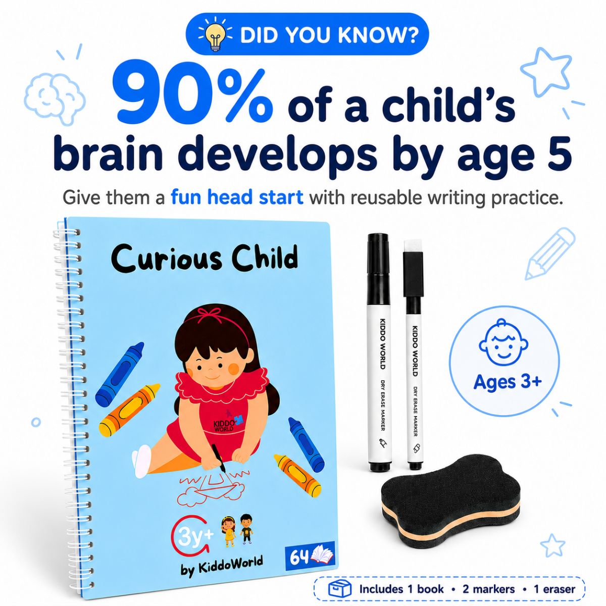 Curious Child | Mažatelná kniha pro nácvik psaní a logiky (64 stran, 3+ let)