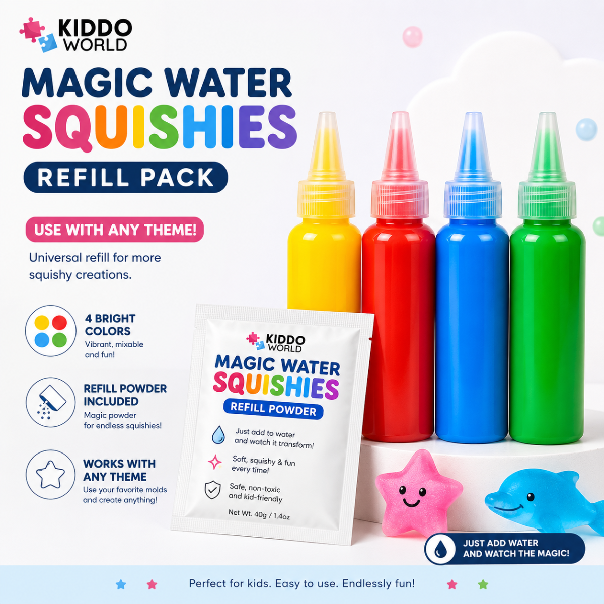 Magic Water Squishy Refill Pack – Náplň 4 barvy + 1 kouzelný prášek (Kompatibilní se všemi sadami, 3+ roky)