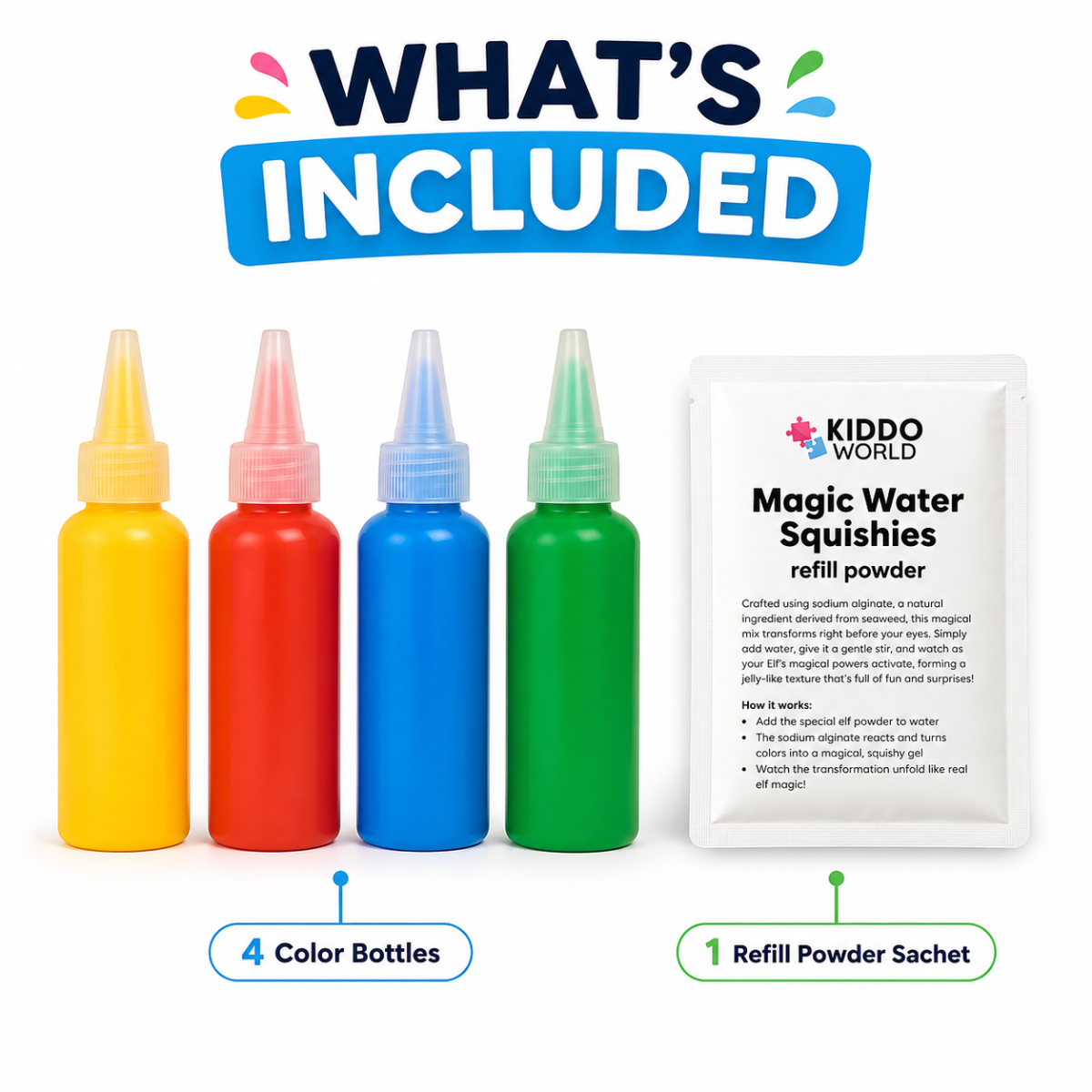Magic Water Squishy Refill Pack – Náplň 4 barvy + 1 kouzelný prášek (Kompatibilní se všemi sadami, 3+ roky)