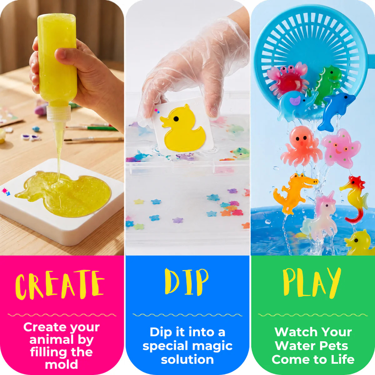 Magic Water Squishy Refill Pack – Náplň 4 barvy + 1 kouzelný prášek (Kompatibilní se všemi sadami, 3+ roky)