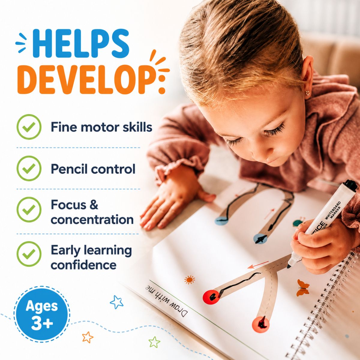 Curious Child | Mažatelná kniha pro nácvik psaní a logiky (64 stran, 3+ let)