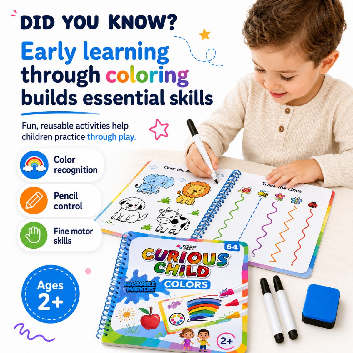 Curious Child Colors | Zápisník piš-maž pro výuku psaní (64 stran, 2+ roky)