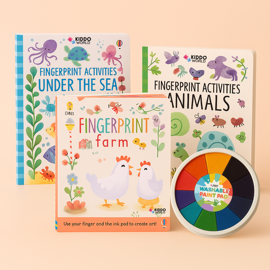 FINGER PARTY – Balíček 3 omalovánek + barevná paletka (3×44 stran, od 1 roku)