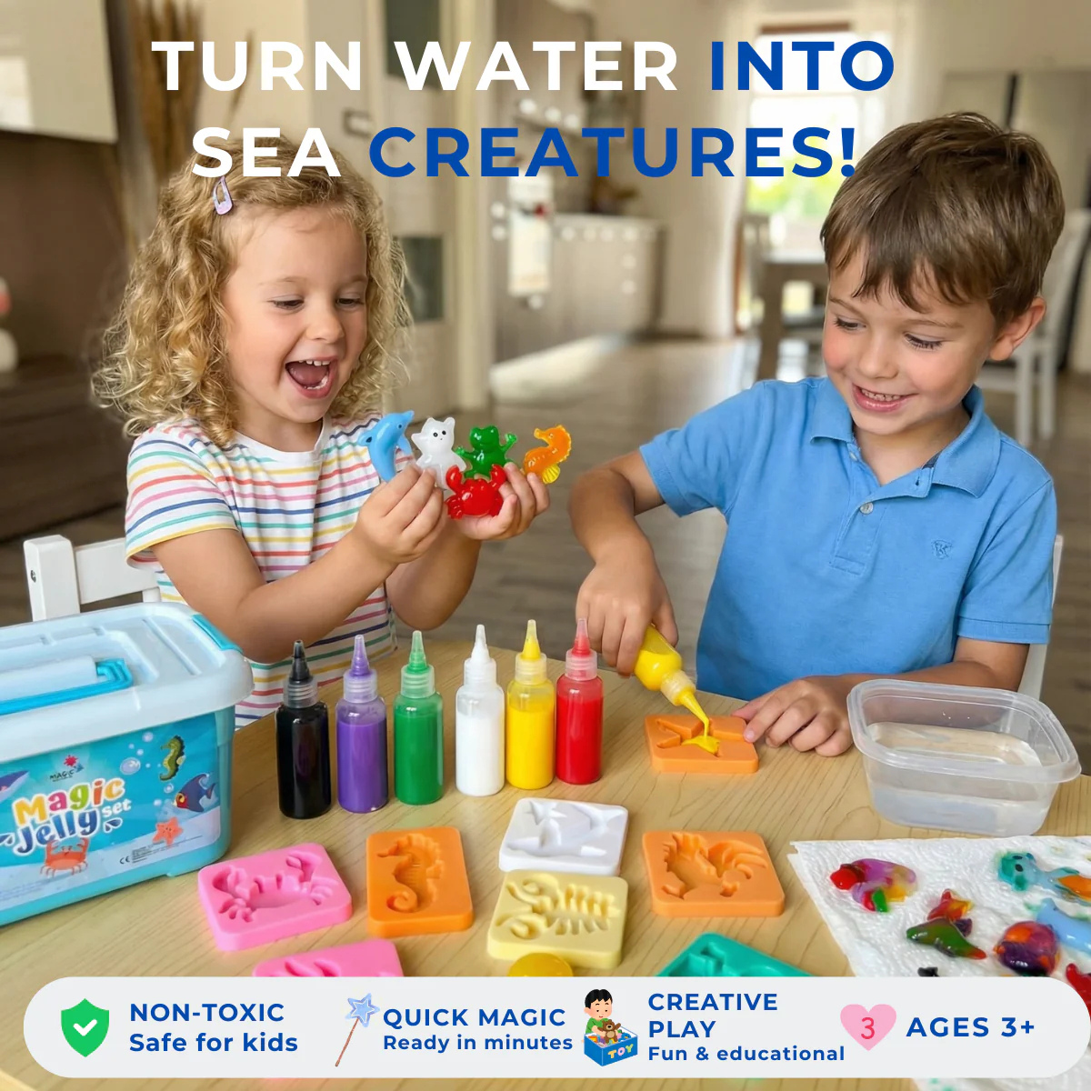 Magic Water Squishy Refill Pack – Náplň 4 barvy + 1 kouzelný prášek (Kompatibilní se všemi sadami, 3+ roky)