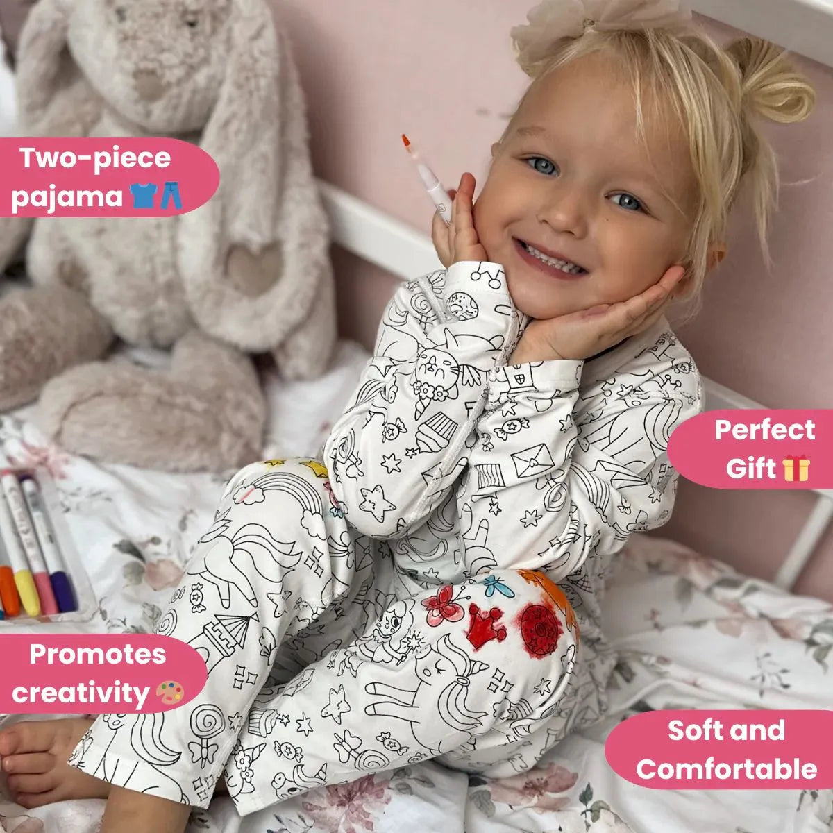Dvoudílné dětské pyžamo k vybarvení | Princezny a jednorožci (4–8 let)