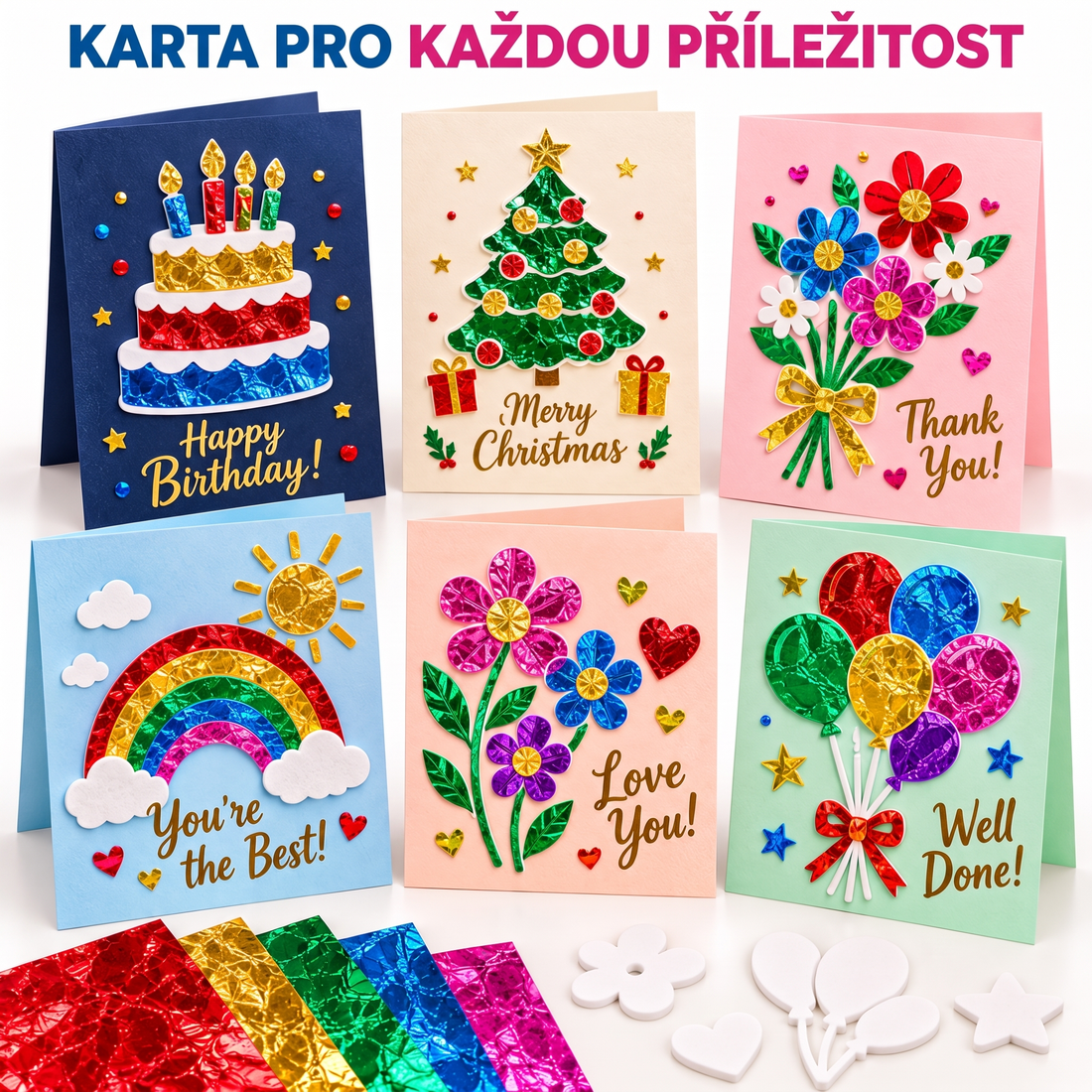 Šest hotových třpytivých přání ze sady Foil Fun Přáníčka – narozeniny, Vánoce, poděkování a další