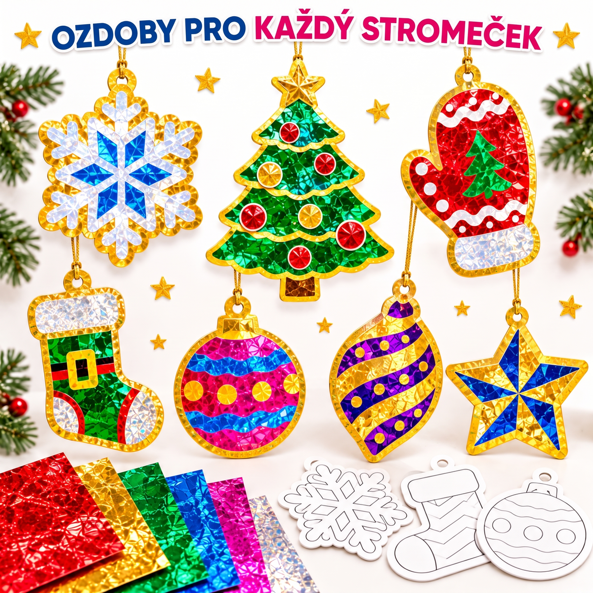 Čarovné lesklé ozdoby na vánoční stromeček, okna nebo stěnu (4+ let)