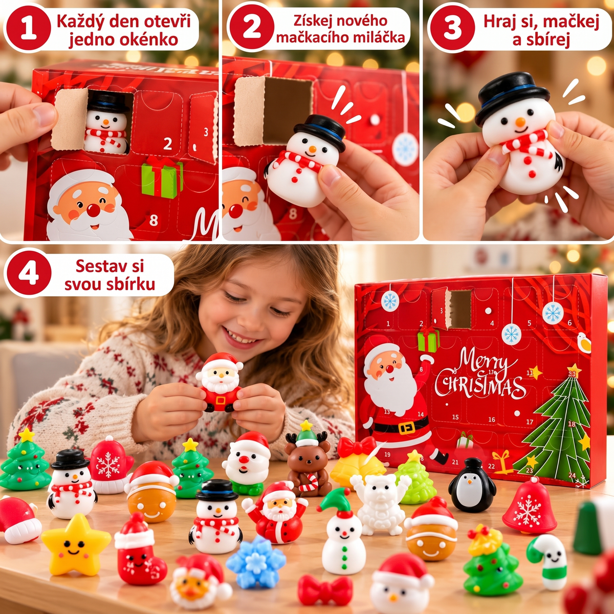 Vánoční Squishy adventní kalendář – 24 tajemných squishy hraček (3+ roky)