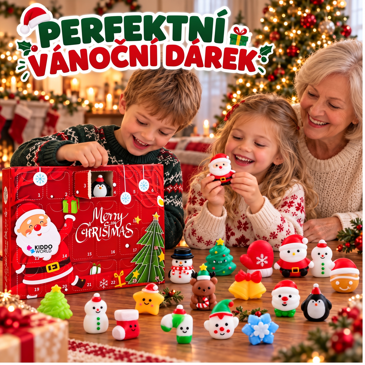 Vánoční Squishy adventní kalendář – 24 tajemných squishy hraček (3+ roky)