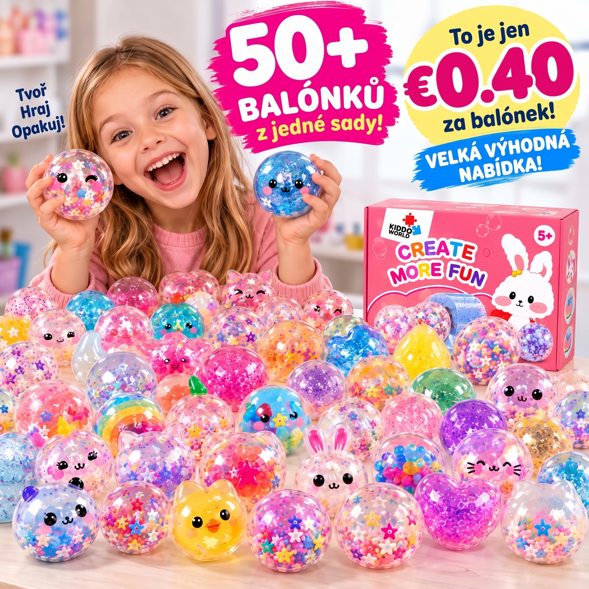 Squishies vyrobené ze sady Bubble Squishies: bublina, kostka, bonbon a další