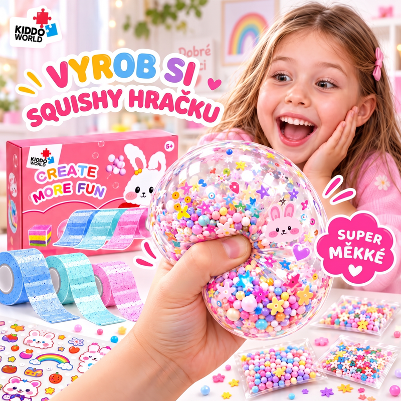 Obsah sady Bubble Squishies: 3 nano pásky, náplně, flitry, nůžky, pinzeta, brčka a samolepky