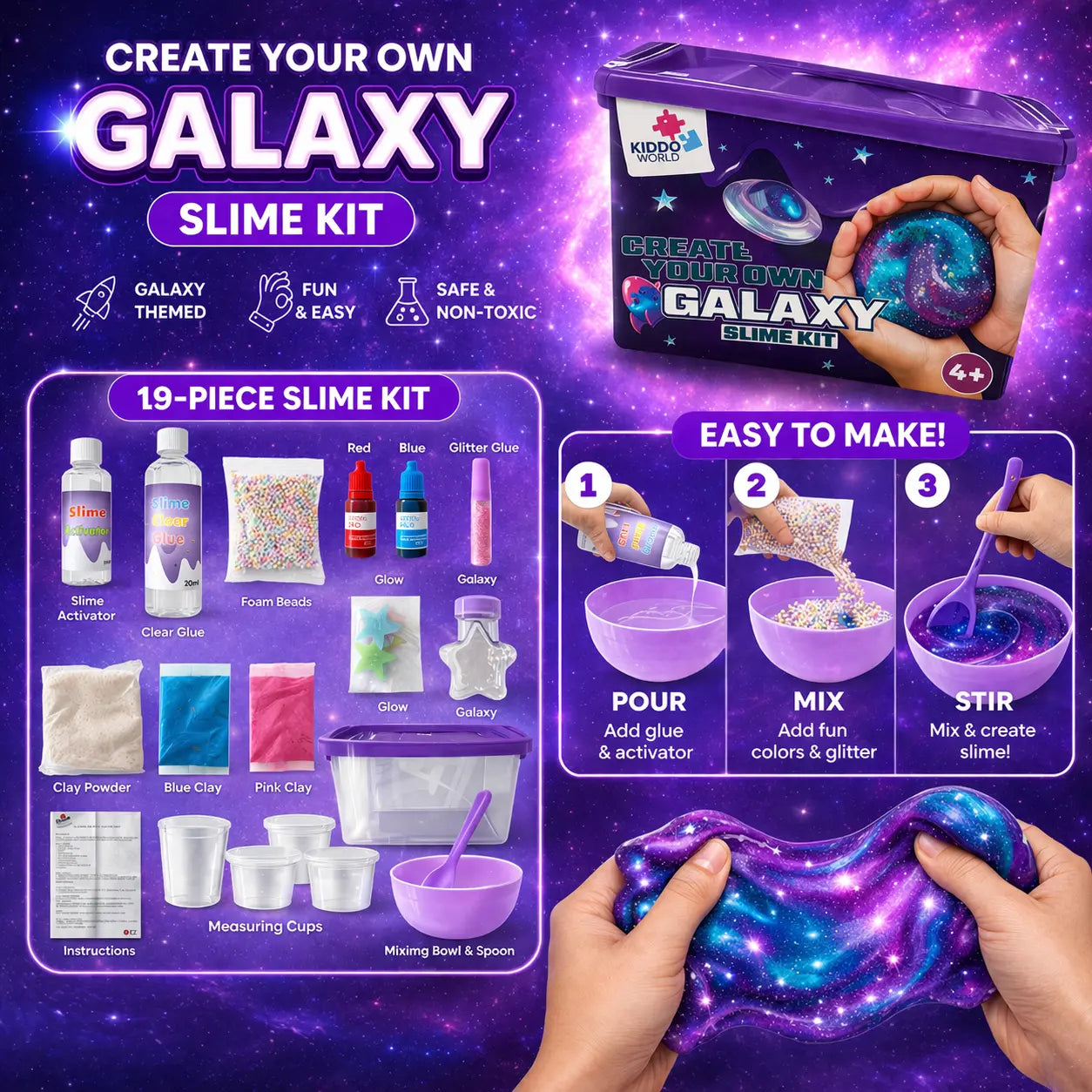 Galaxy Slime – vytvoř třpytivý vesmírný sliz, který svítí ve tmě! (4+ roky)