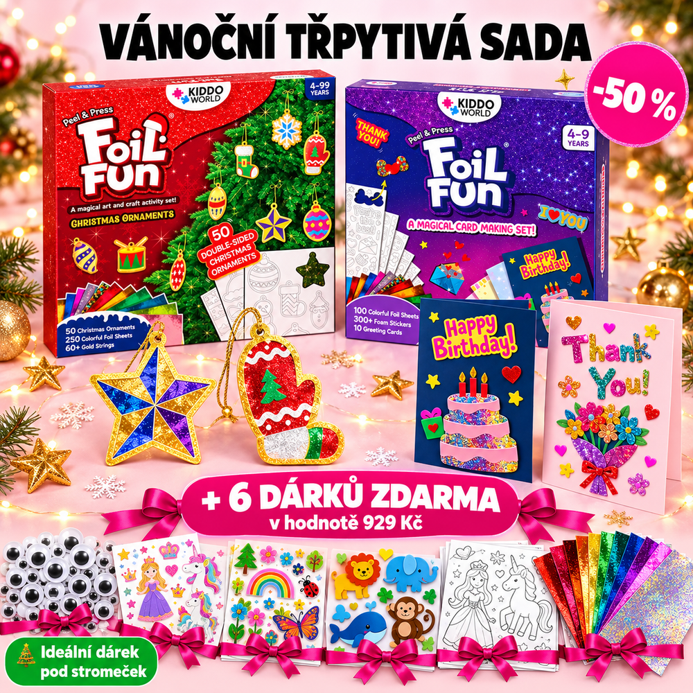 Vánoční třpytivá sada Foil Fun: Vánoční ozdoby, Přáníčka a 6 dárků zdarma