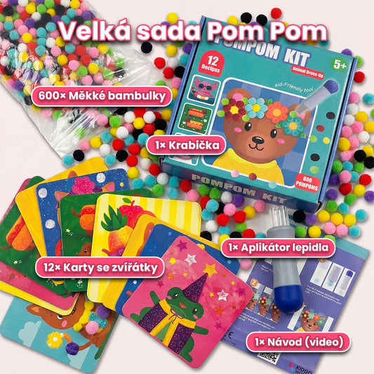 Sada na tvoření s pompony + praktický pomocník | 12 kartiček se zvířátky + 600 pomponů