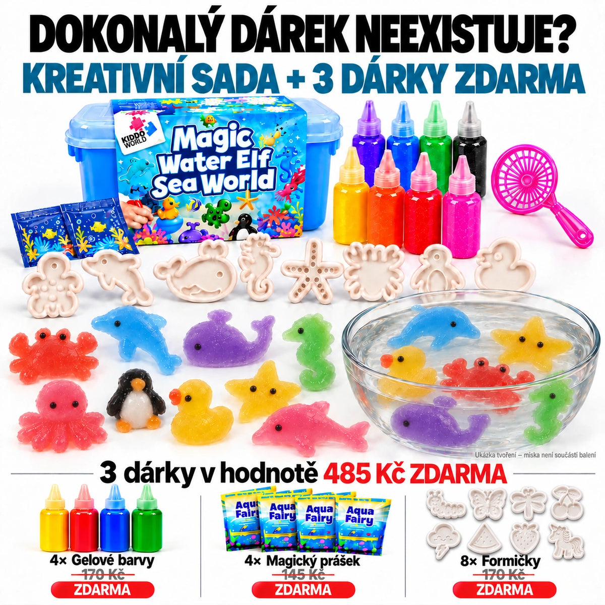 Magic Water Squishies Mořský svět – sada s úložným boxem, gelovými barvami, formičkami a 3 dárky zdarma